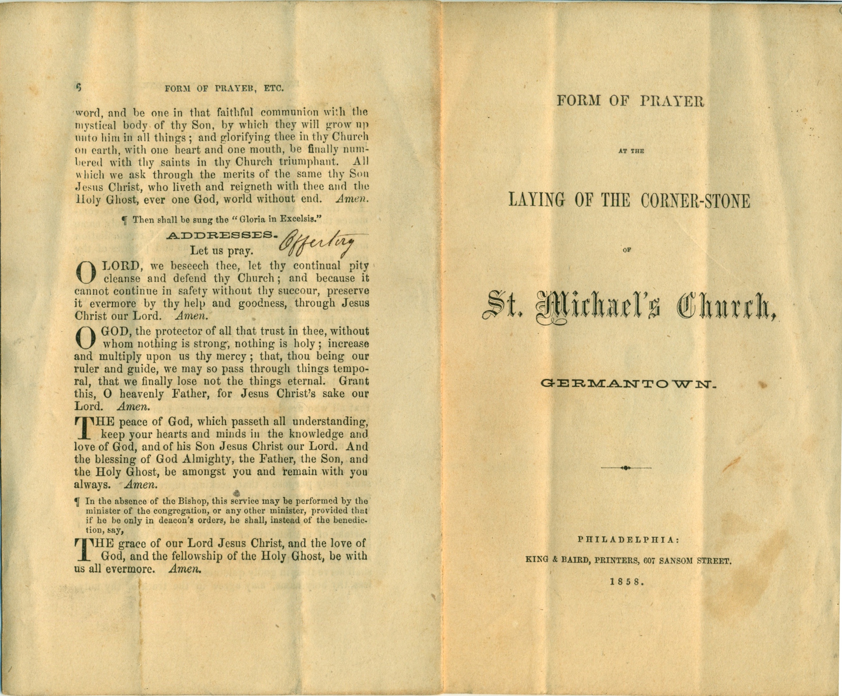 Form of Prayer at the Laying of the Cornerstone of St. Michael’s Church