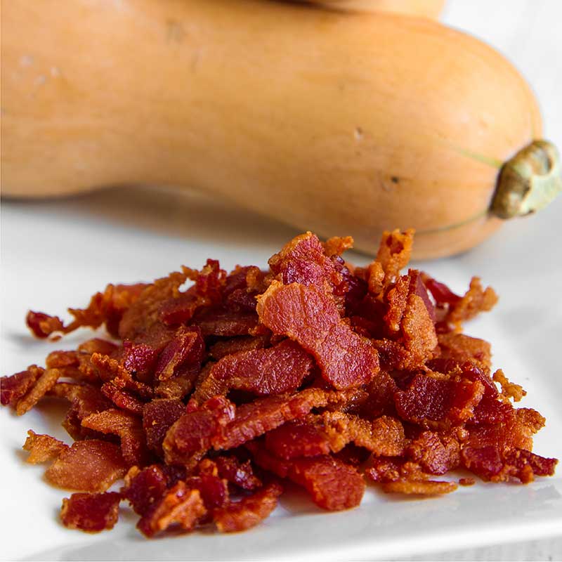FARFALLE PASTA with pumpkin sauce and bacon flakes