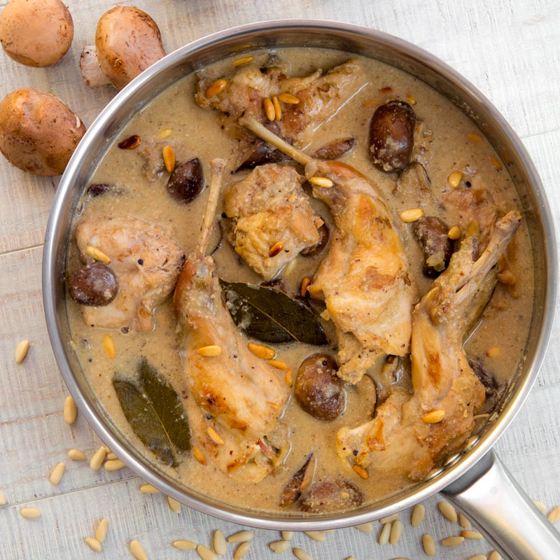 RABBIT STEW braised in white wine with mushrooms and