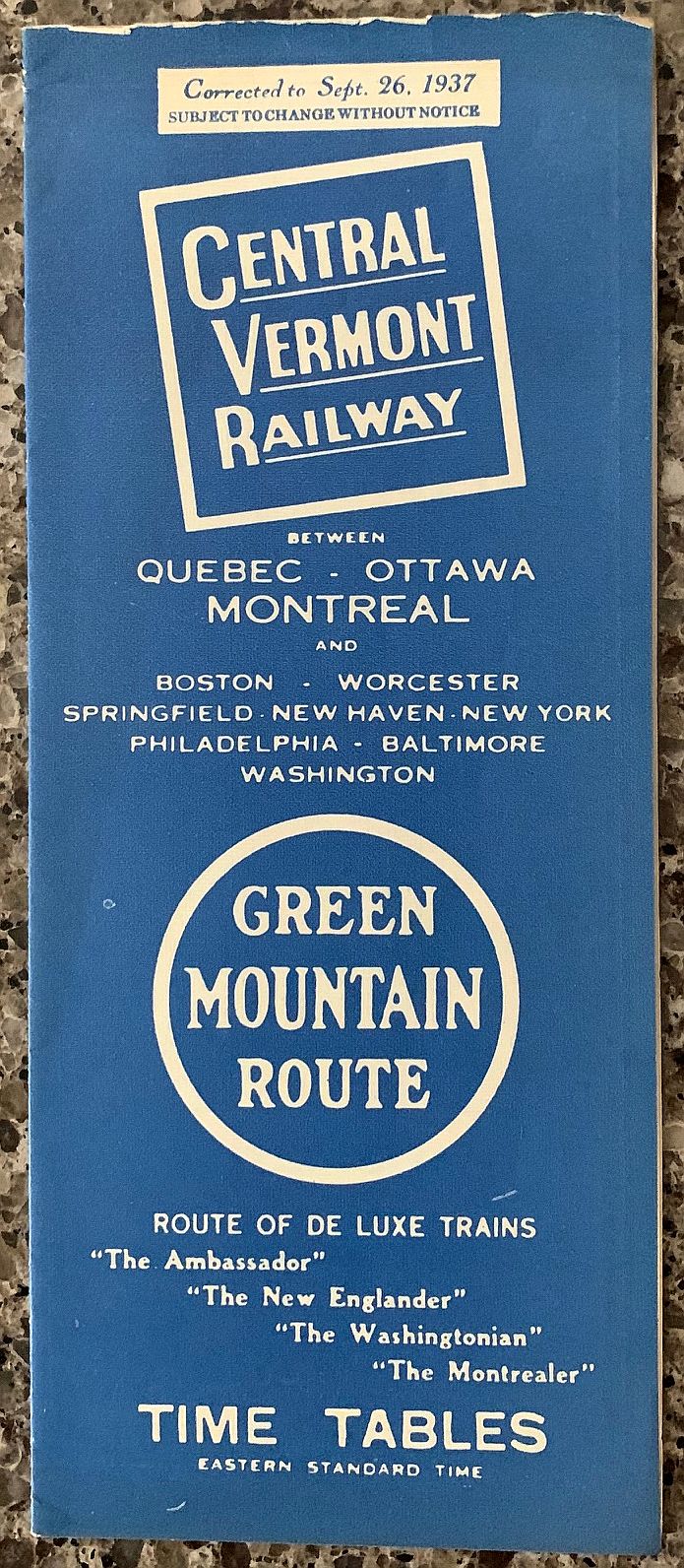 Central Vermont System Timetable 9/26/1937