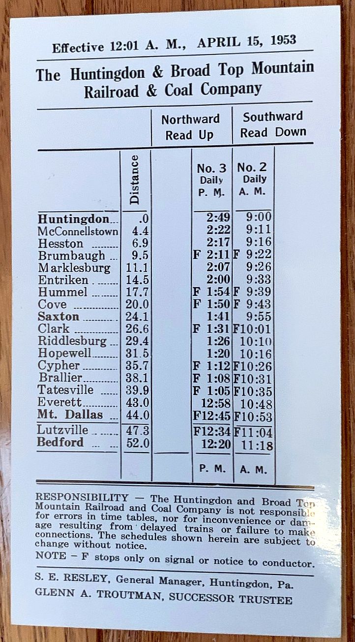 Huntingdon & Broad Top Mountain Timetable 4/15/1953