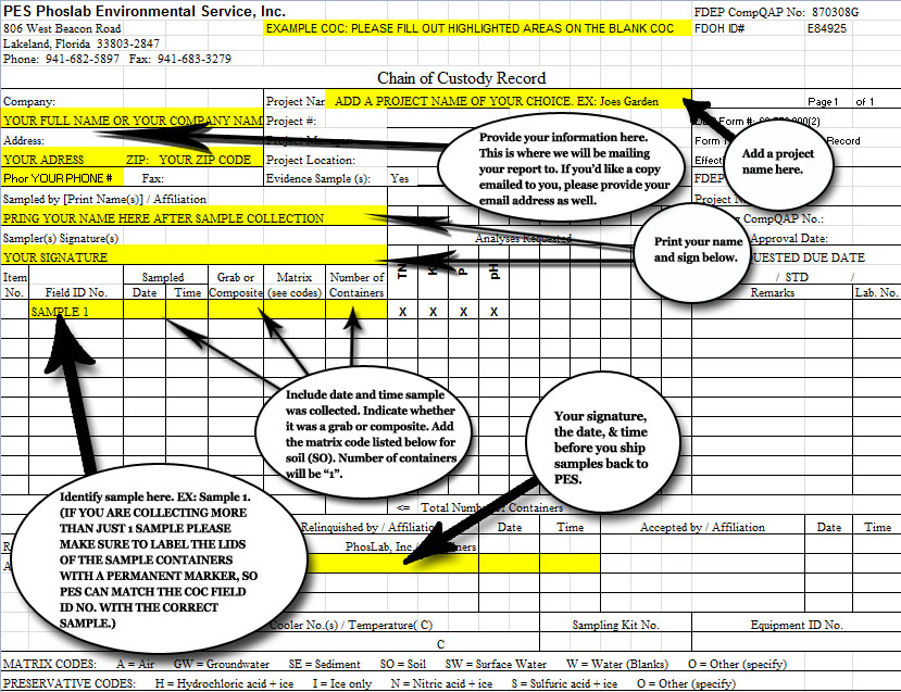 Download the Phoslab Environmental Services (PES) Chain of Custody form