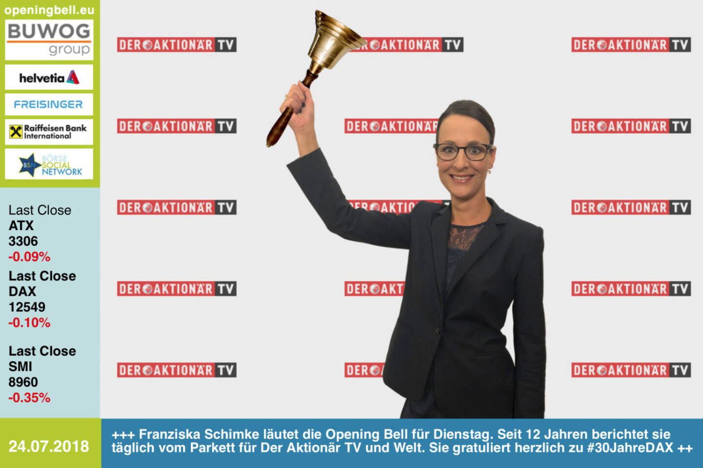 24.7. Franziska Schimke läutet die Opening Bell für Dienstag. Seit 12