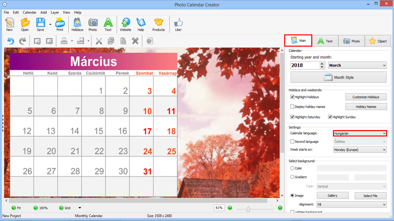 Can I make a calendar in Hungarian language
