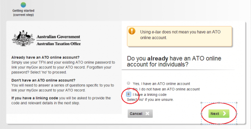 ⑥なんとかlinking codeをゲットしたので、myGOVのATOのページへ戻り「I have a linking code」を選択しNEXTをクリック。