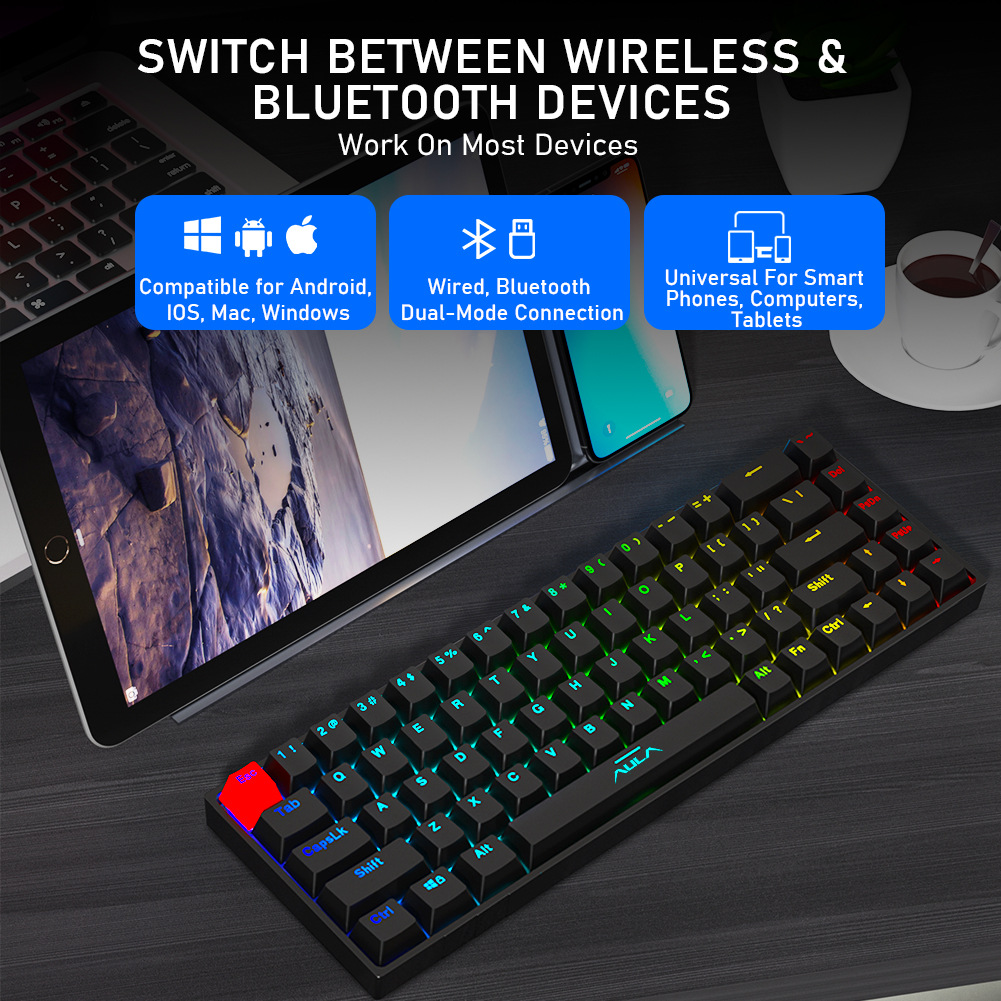 AULA F3068 68 keys Mini Wooden blue switch Portable Gaming Mechanical