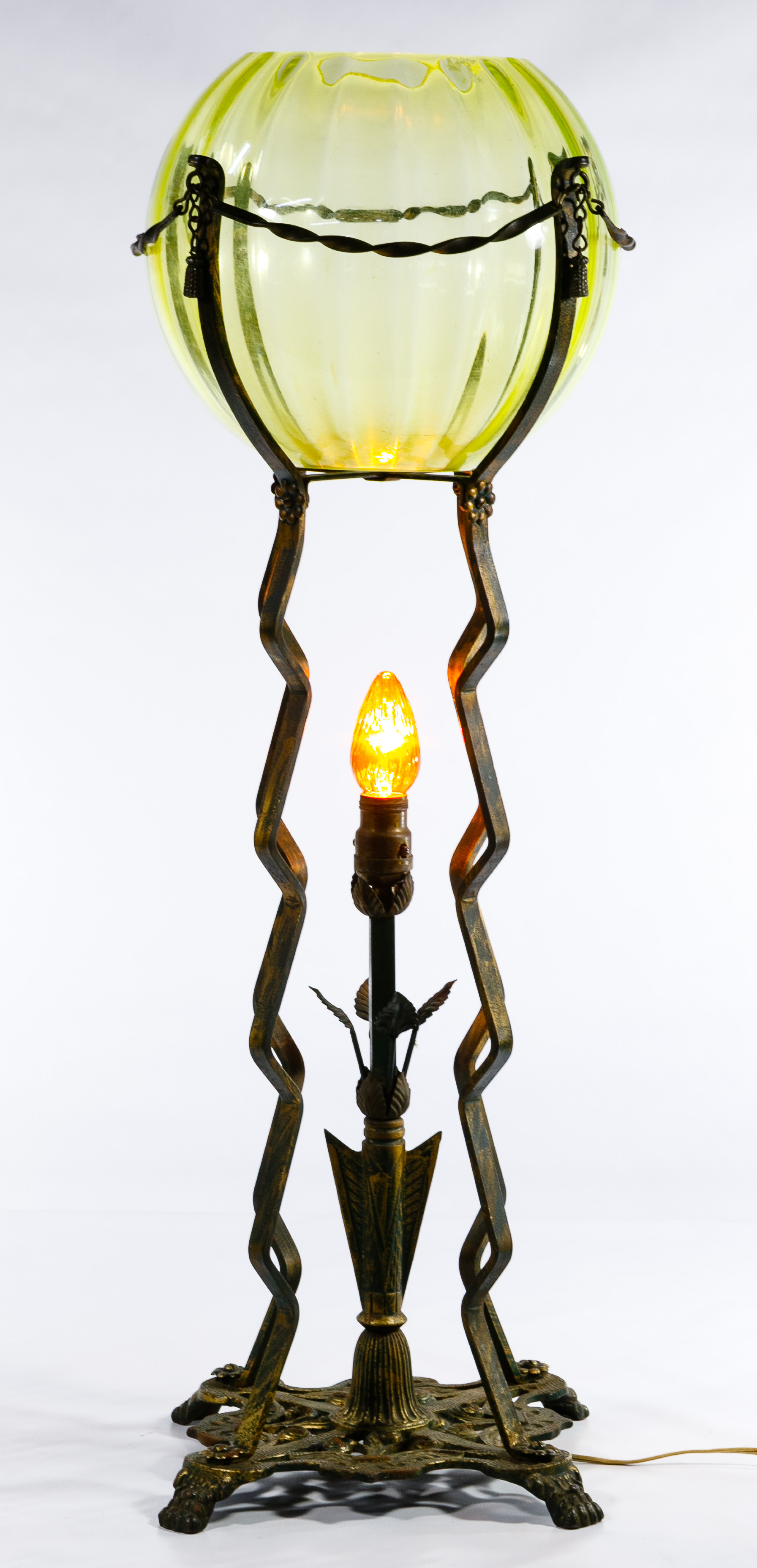 Vaseline Glass Fish Bowl with Metal Stand