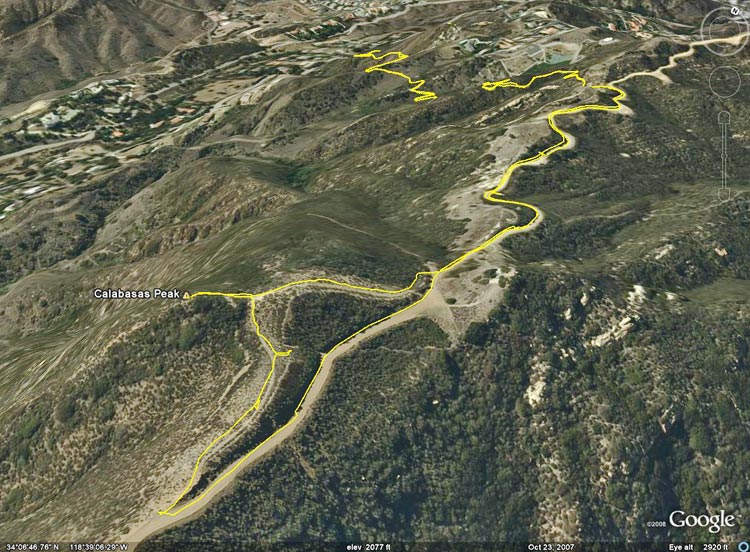 Google Earth image of the summit area of Calabasas Peak. and the GPS