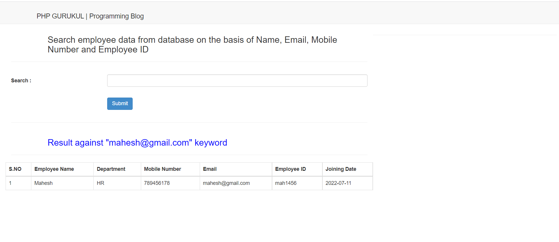 How to Search Employee data from Database using PHP Search Employee