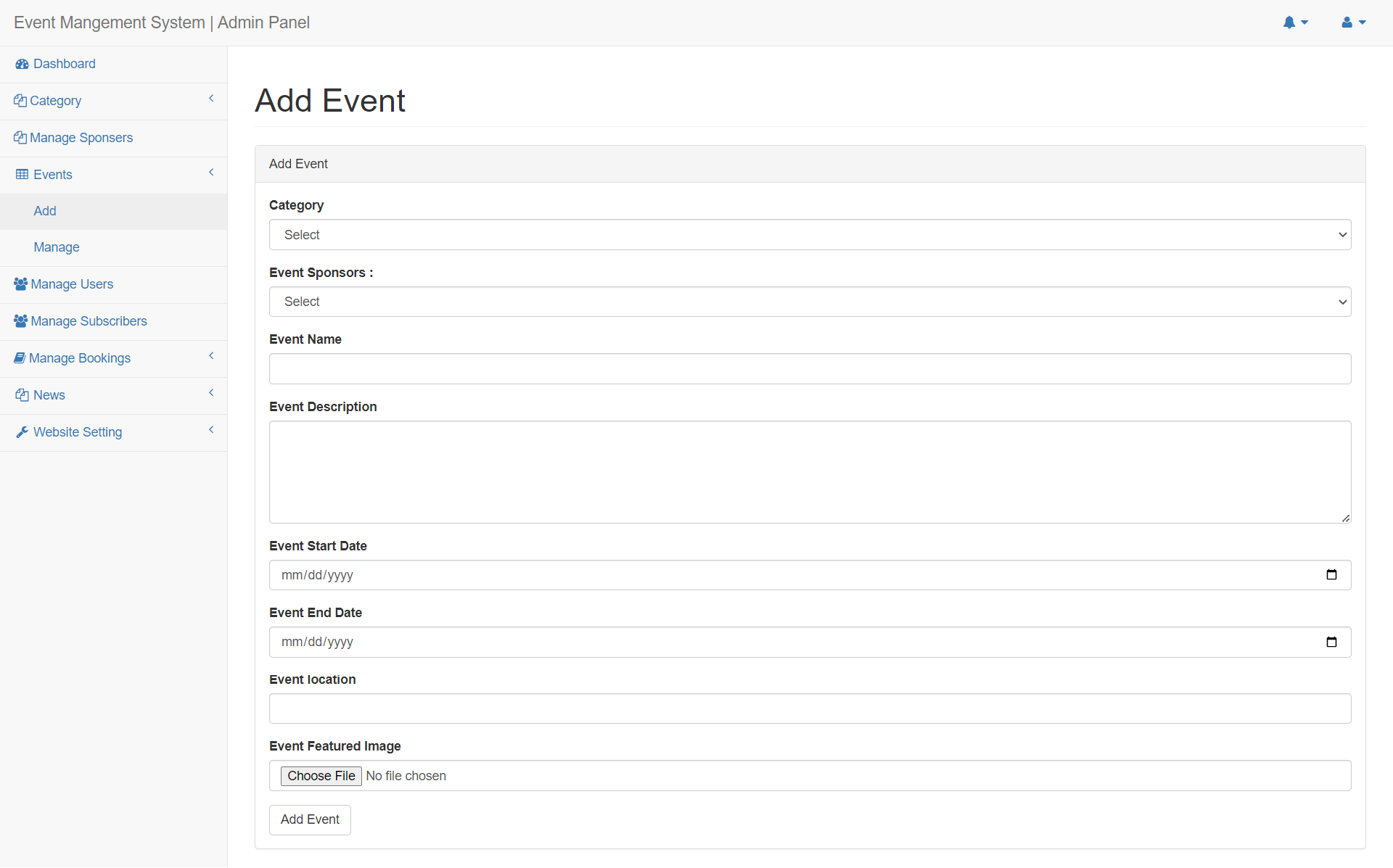 Event Management System Using PHP and MySQL, Event Management System
