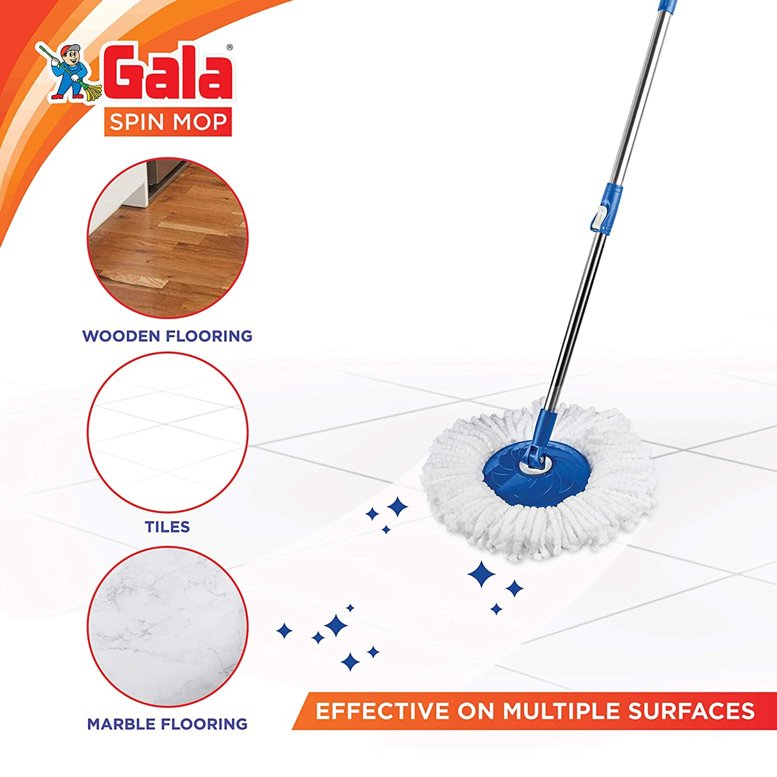 Gala Spin Mop Extendable Handle/Stick Rod with Microfiber Refill