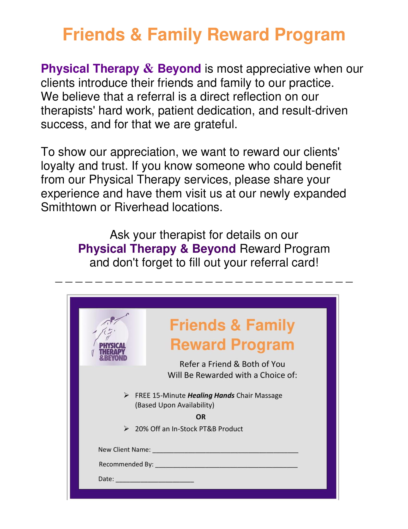 Our Friends & Family Reward Program is Here Physical Therapy & Beyond