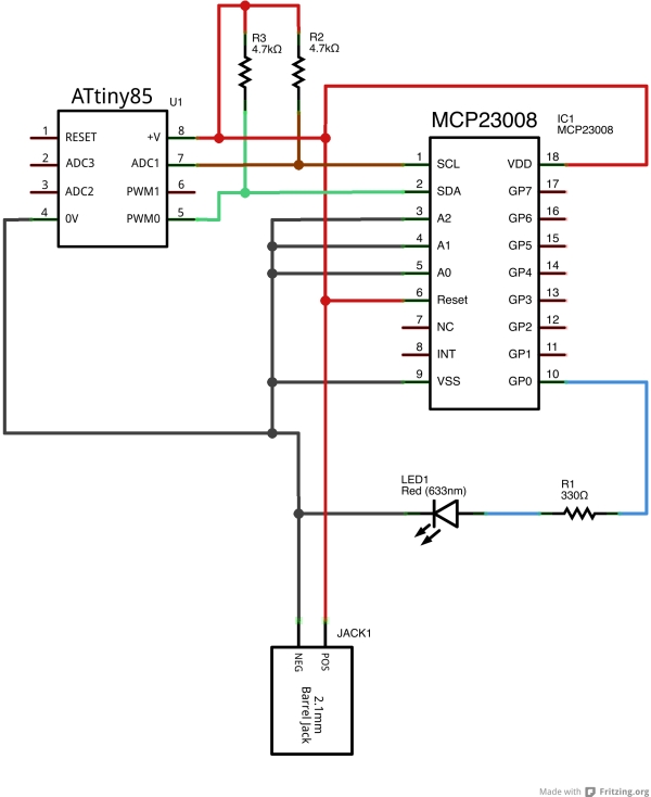 TinyWireMCP23008 MCP23008 library for ATtiny85 microcontroller