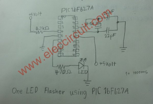 PIC microcontroller led flasher circuit using PIC16F627A