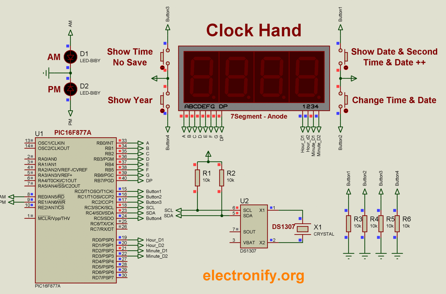 DS1307 Based Hand Clock with seven segment display using PIC16F877A