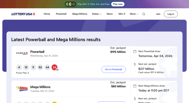 Access Powerball, Mega Millions and other US Lottery Results
