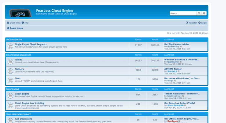 Access FearLess Cheat Engine Index page
