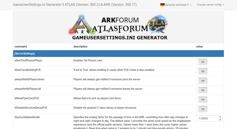 Access ini.arkforum.de. ARKFORUM.DE ATLAS / ARK GameUserSettings.ini Generator