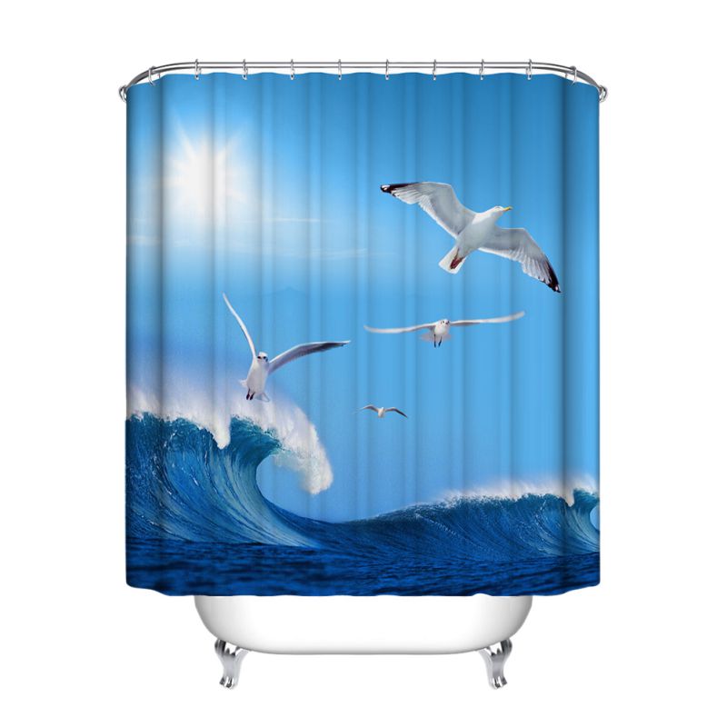 Fabric Waterproof Bathroom Shower Curtain Divider Panel With 12 Hooks