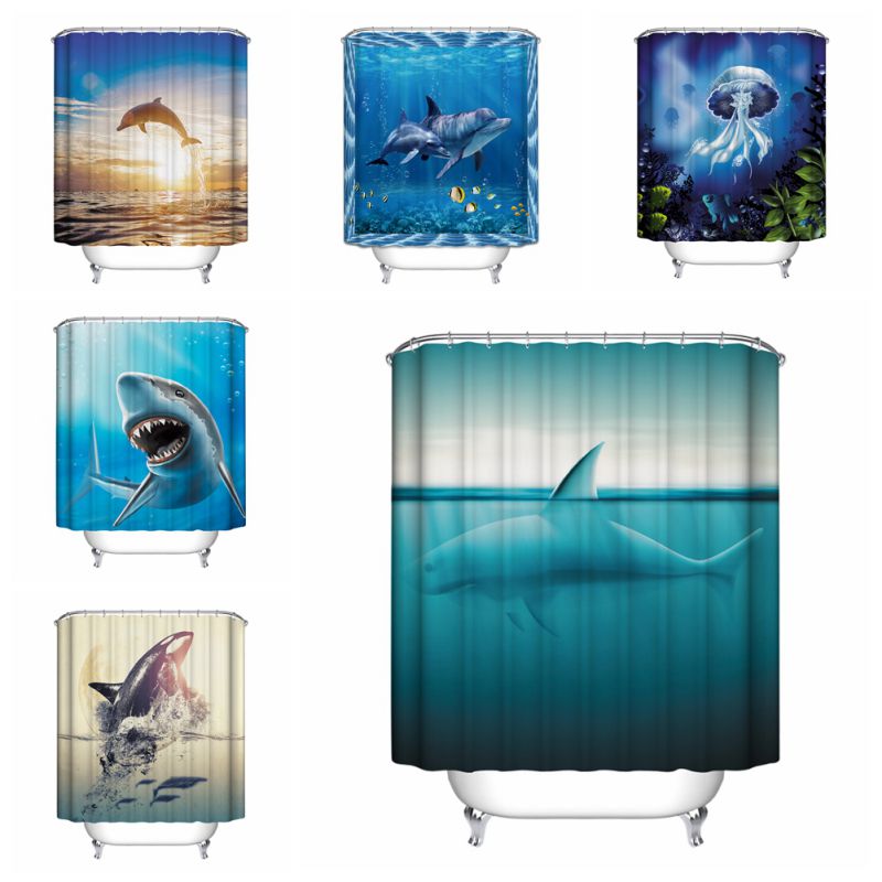 Ocean Fish Theme Waterproof Shower Curtain With 12 Hooks For Bathroom