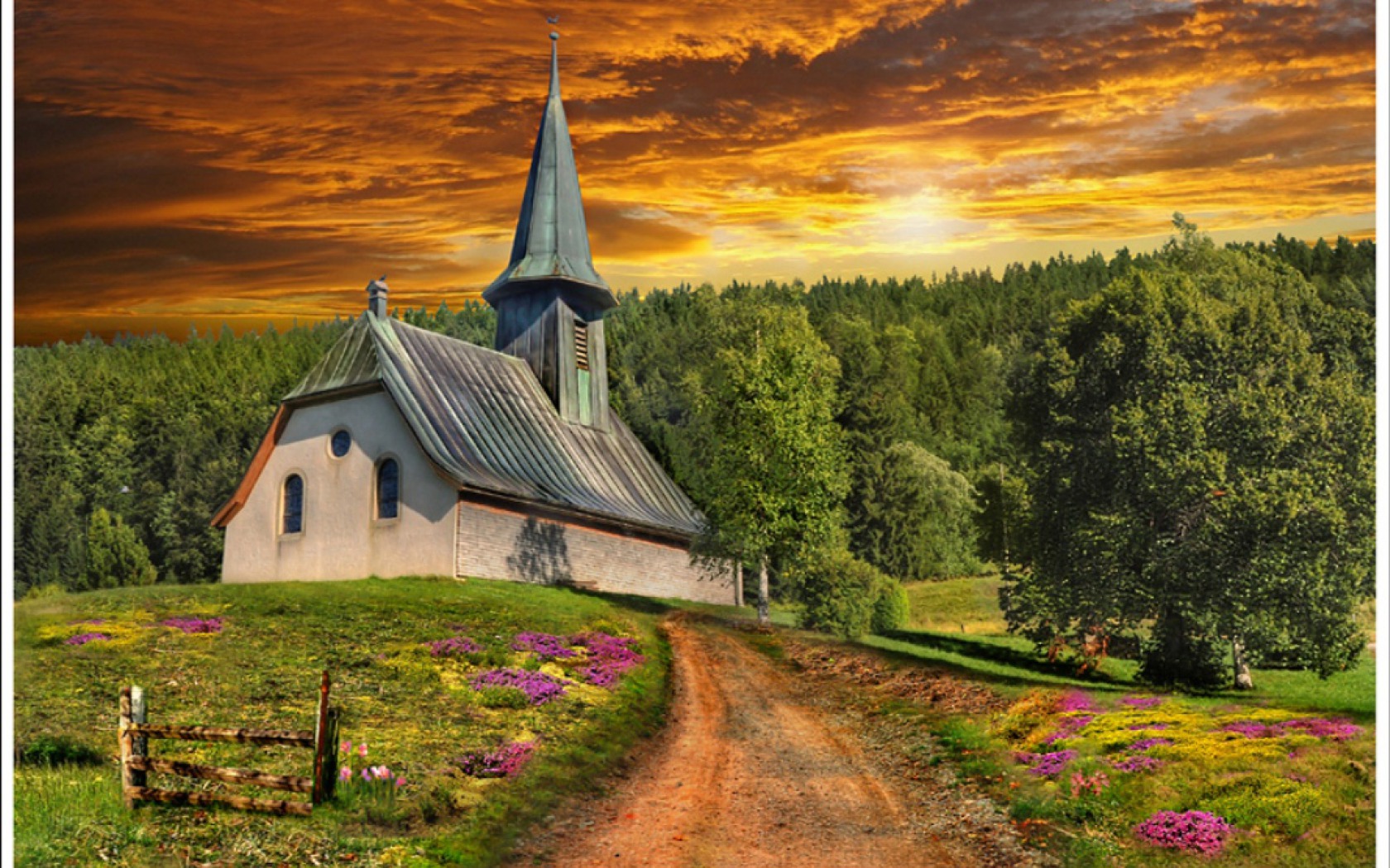 Church on a Hill at Sunset Image Abyss