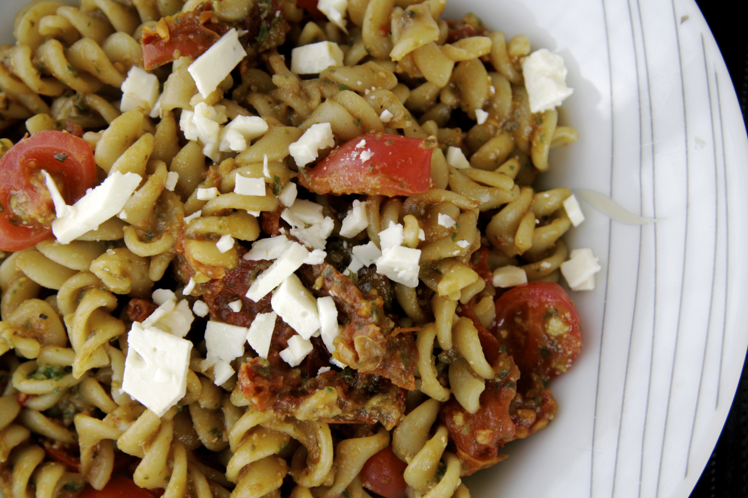 Pesto Pasta with Sun Dried Tomato and Feta Pick Up The Fork