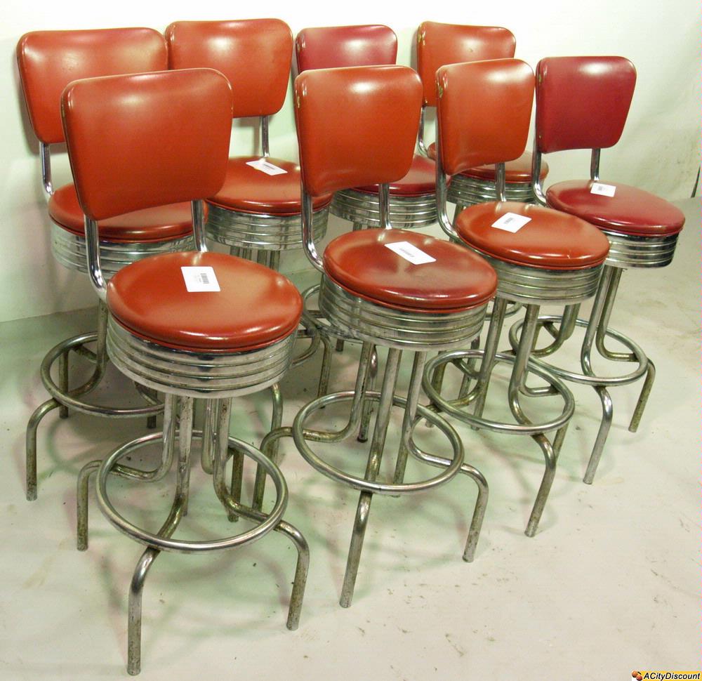 Used 8 Restaurant Padded Retro Red Vinyl Chrome Bar Stool Chairs SKU