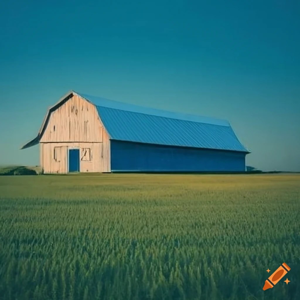 A big white barn with a blue roof in the middle of an open field on Craiyon