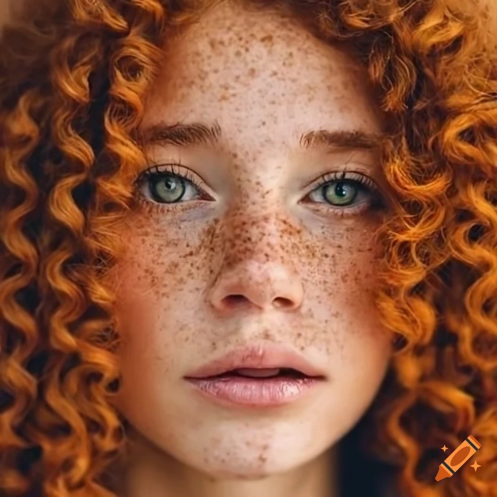 young woman with american heritage, curly ginger hair, brown