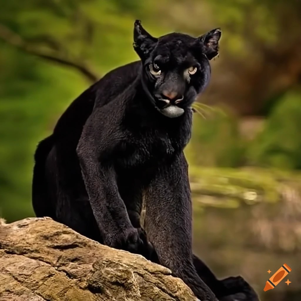 A black cougar climbing a rocky cliff on Craiyon