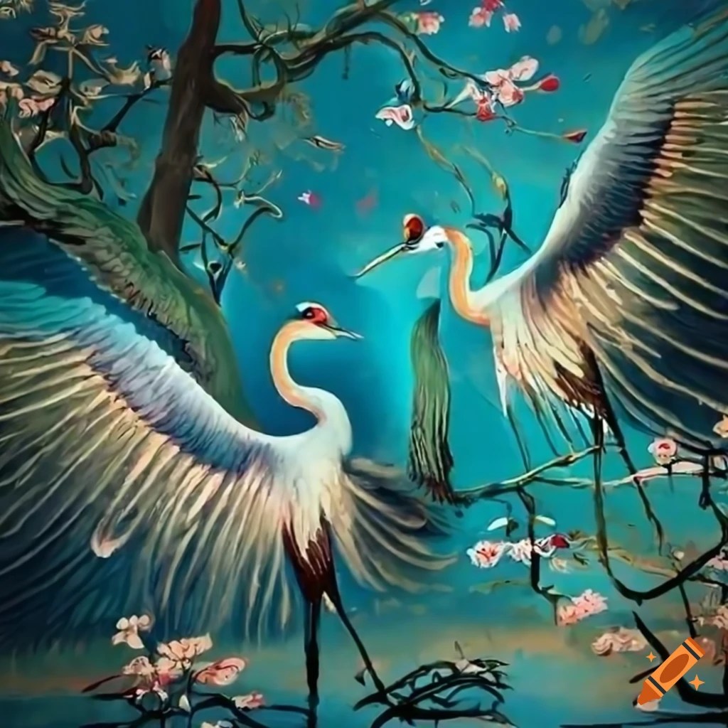 Paint a scene inspired by ancient chinese bird like flying crane