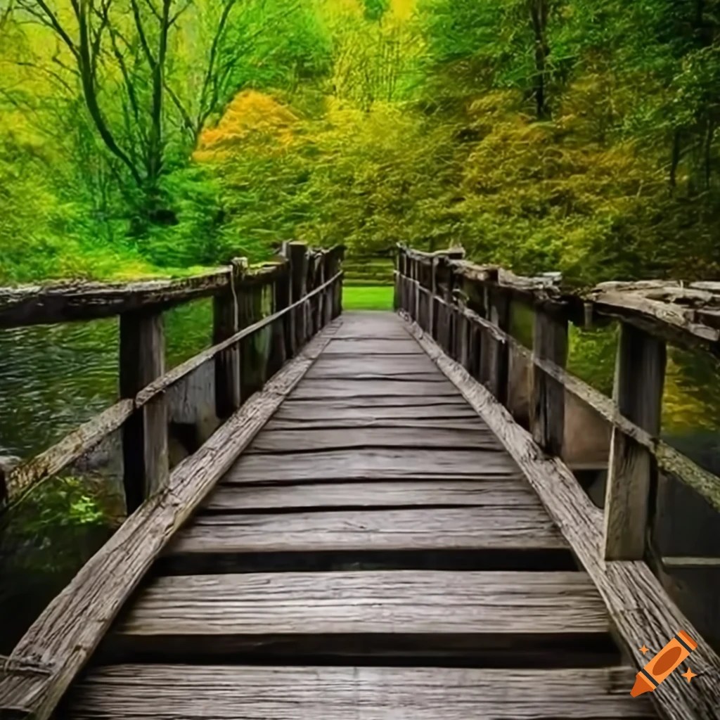 An old wooden bridge with flowers over a river on Craiyon