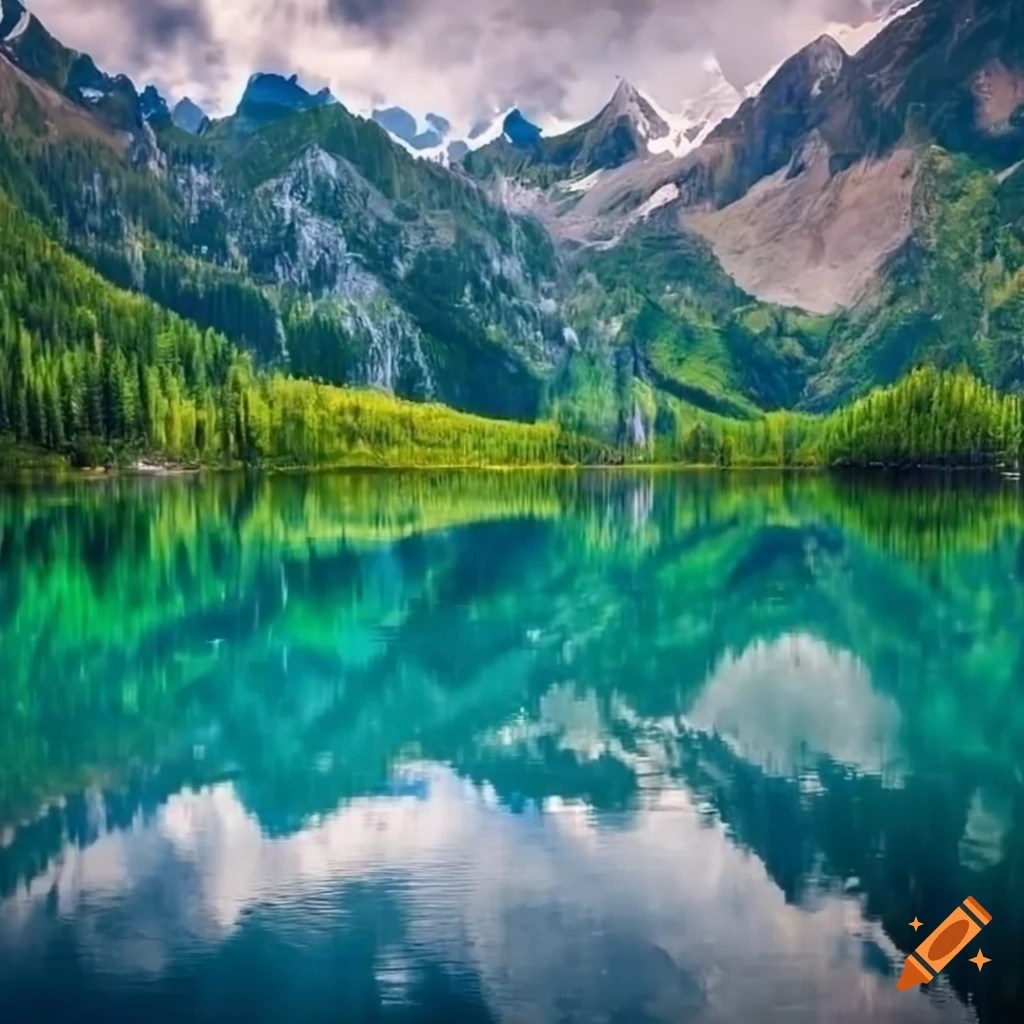 A calm lake surrounded by high mountains and ancient trees reflected in its crystal clear waters