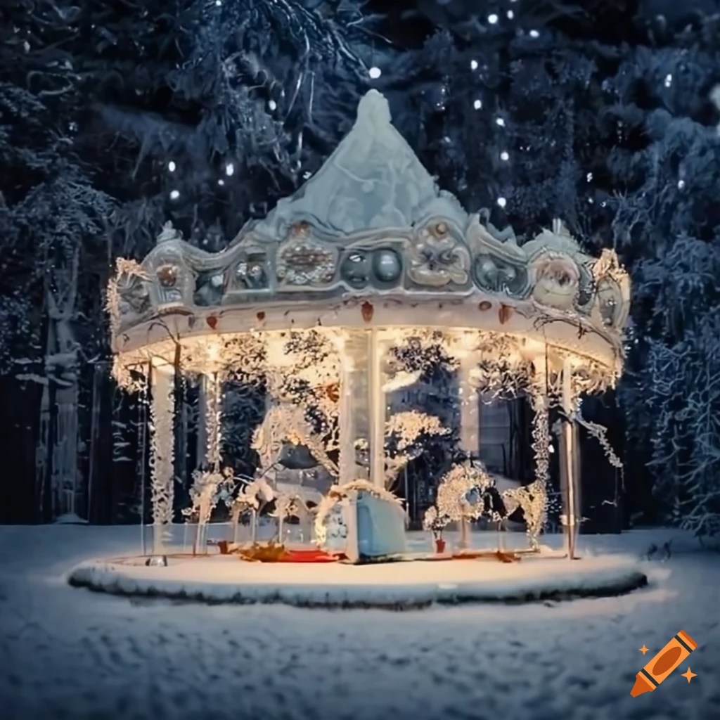 A magical white carousel, winter wonderland, forest, string lights