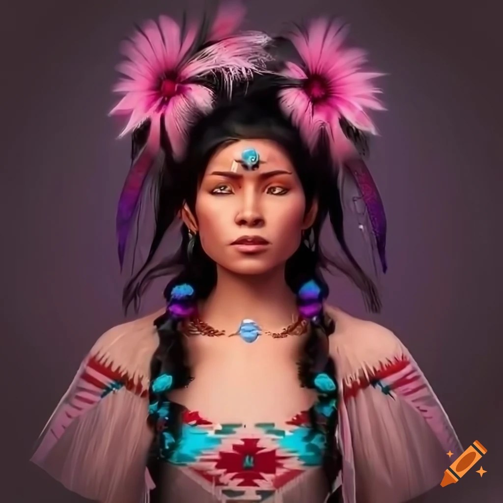 Native american fairy, traditional navajo dress, glowing black hair
