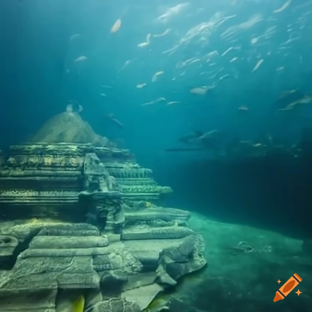 Ancient temple underwater with some fish on Craiyon