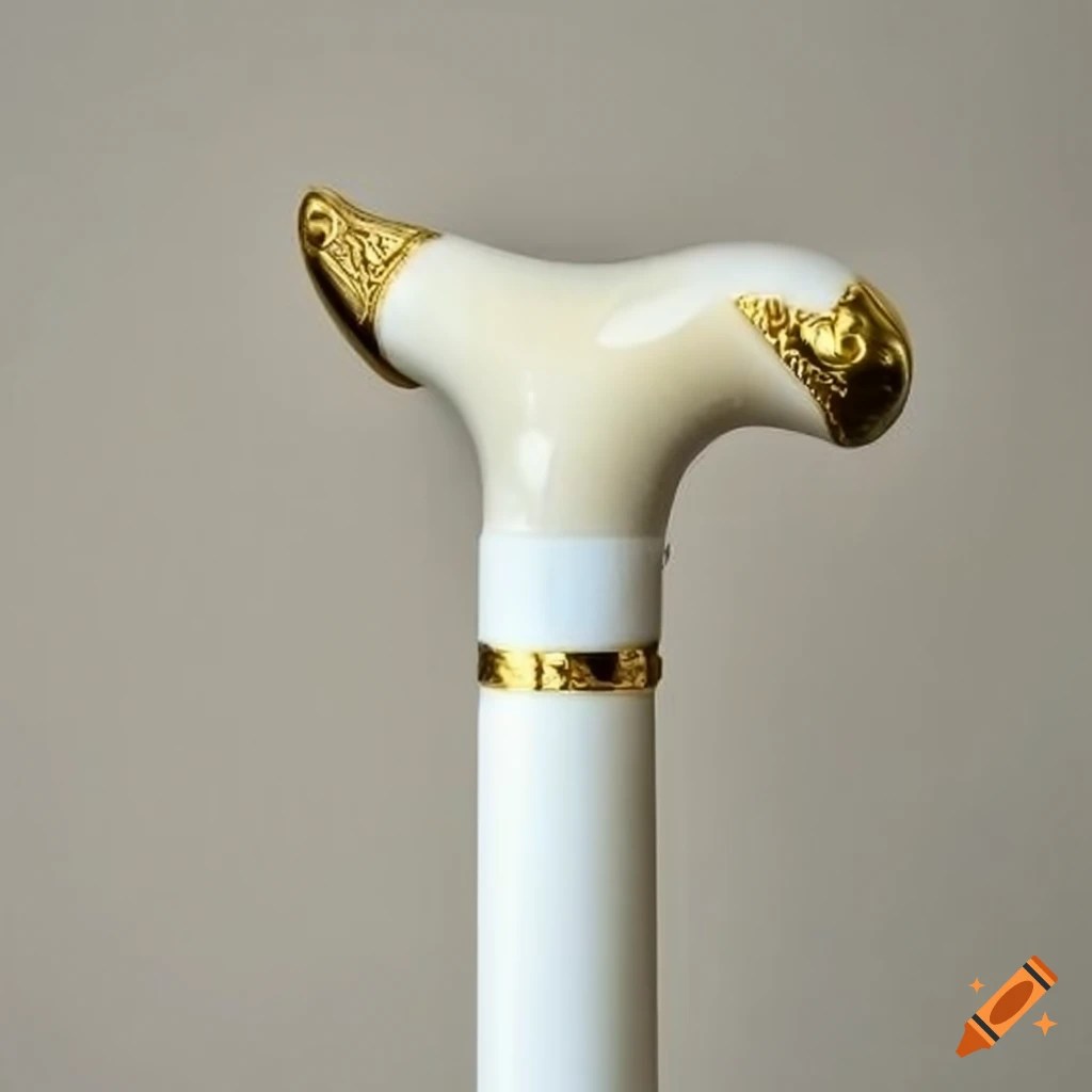 White ivory cane with engraved design and golden handle