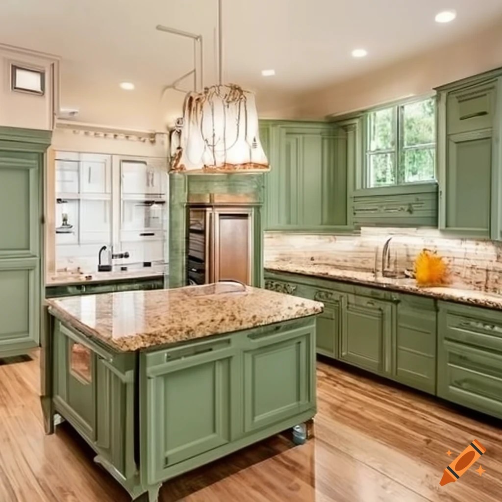 Small kitchen with sage green tan brown granite countertops on