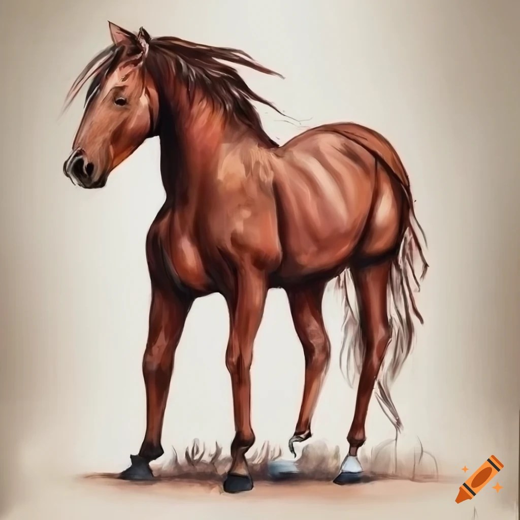 Drawing, painting, brown horse stand beautifully 45 degree angle, full