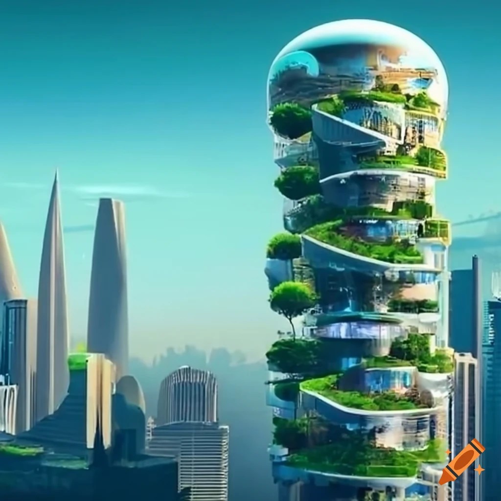 Futuristic cityscape where elevated green walkways connect ecofriendly