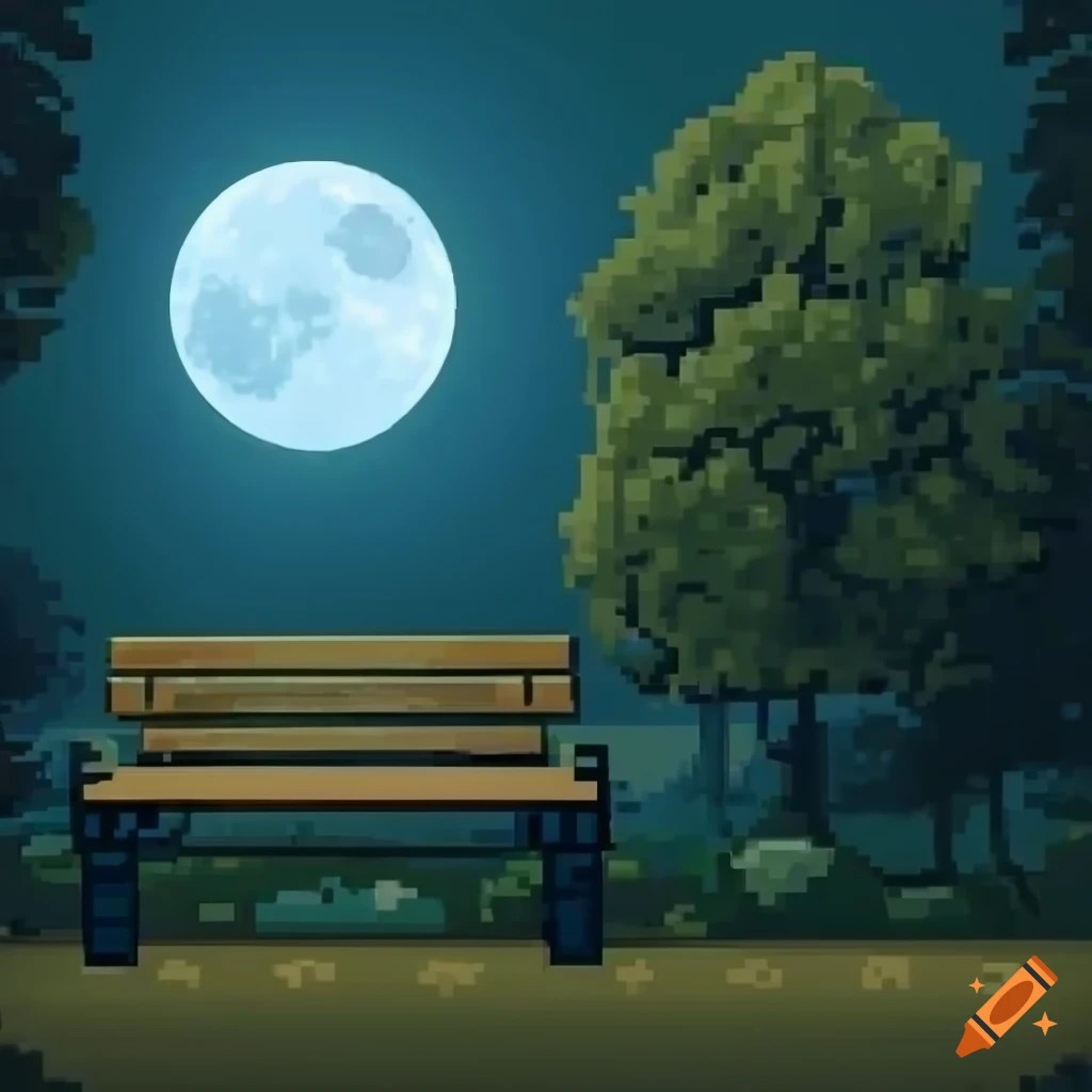 High definition pixel art of a park bench in a park with a full moon