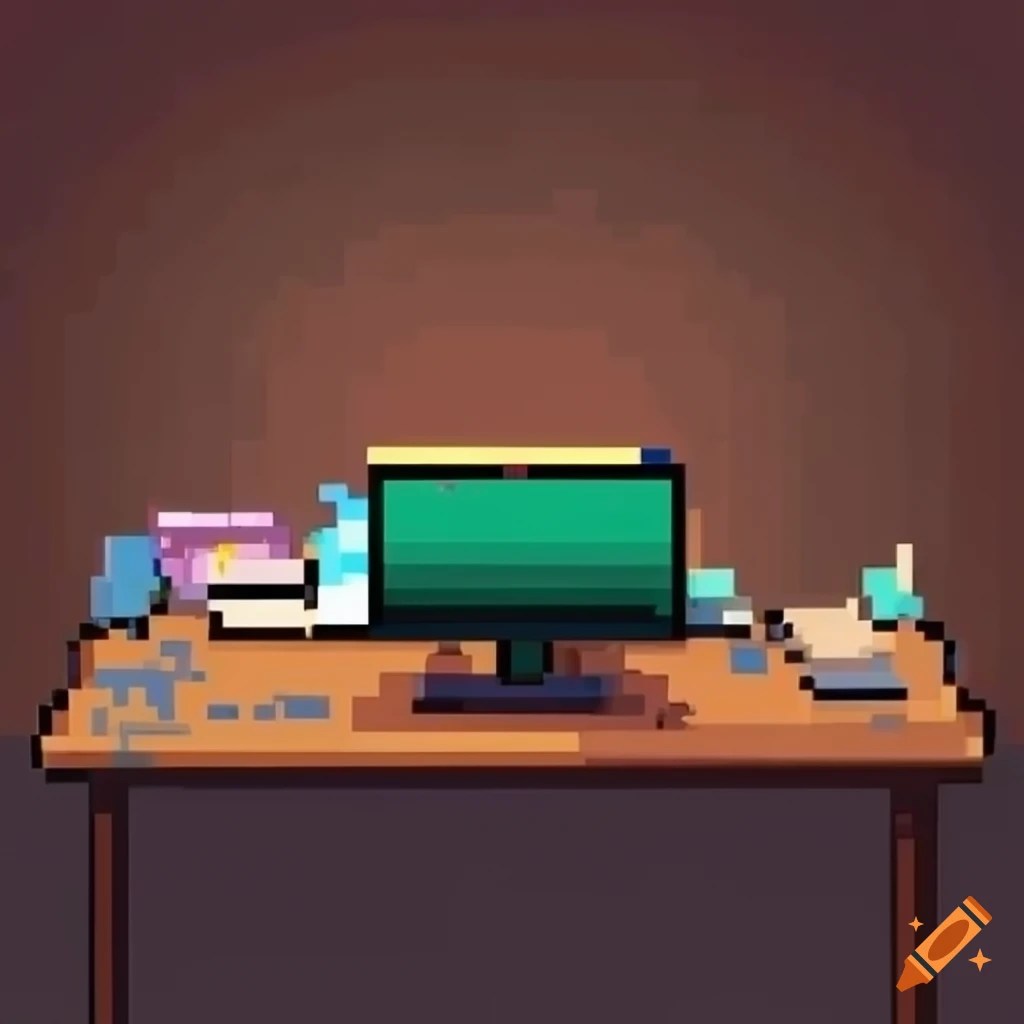8bit pixel art of an office desk with computer and papers on Craiyon