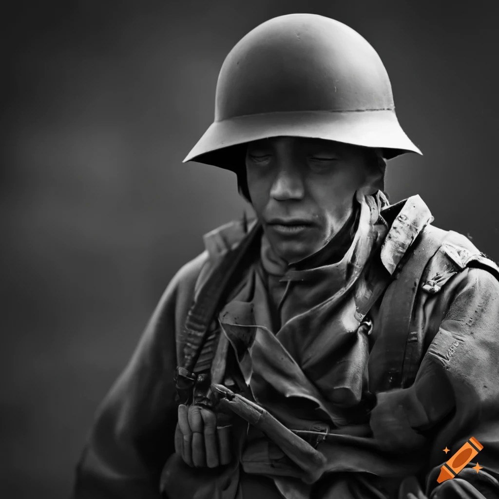 Emotional portrait photo of soldier black and white world war 2