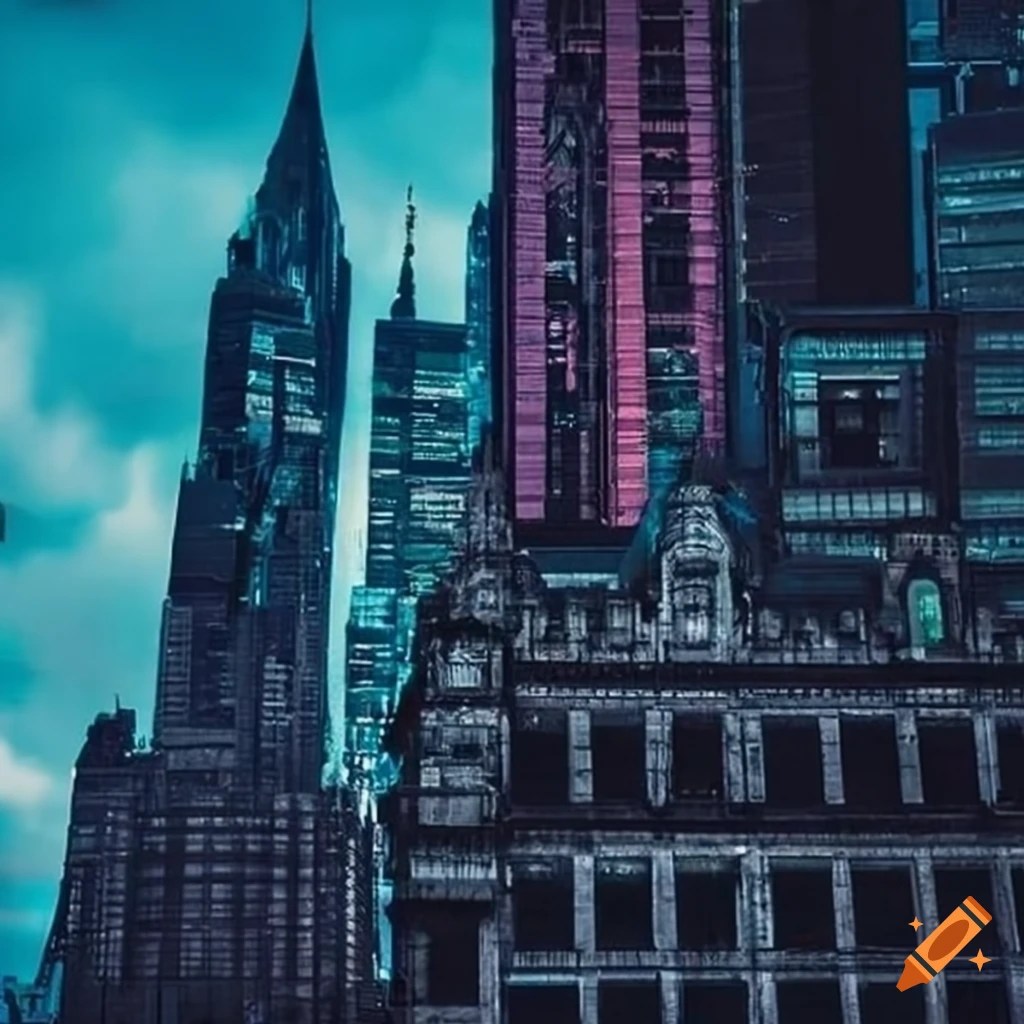 Gotham city architecture mixed with cyberpunk's architecture
