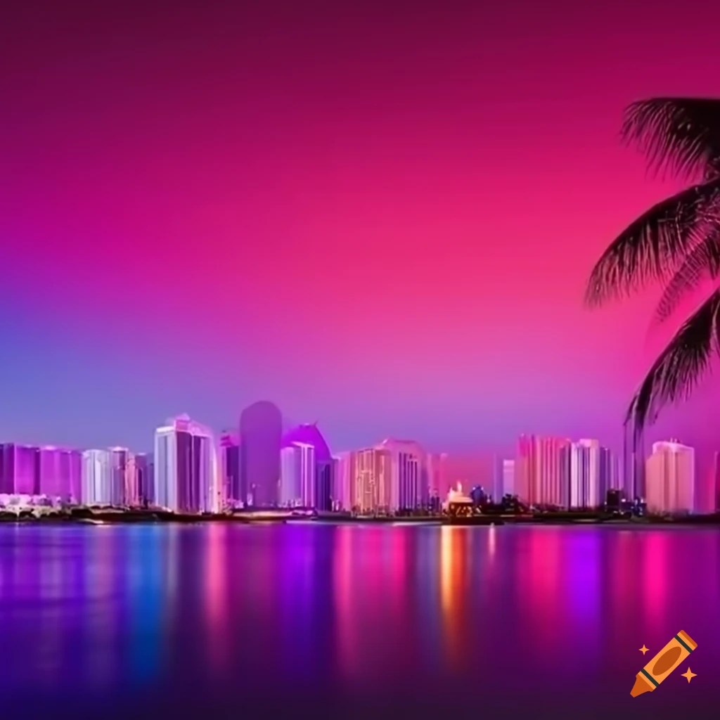 A microsoft teams background with a miami theme to present a mac cosmetics strategy on Craiyon