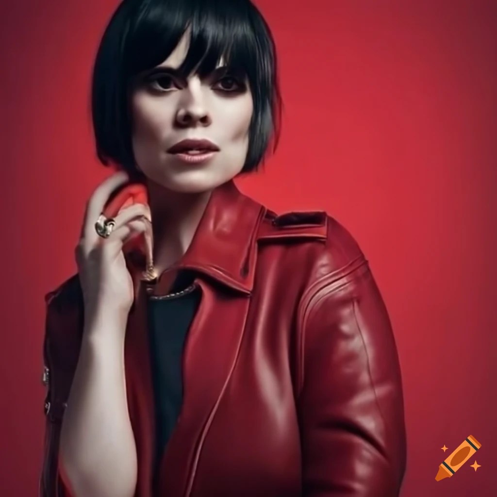 Hayley atwell with bob black hair. red leather jacket. red background