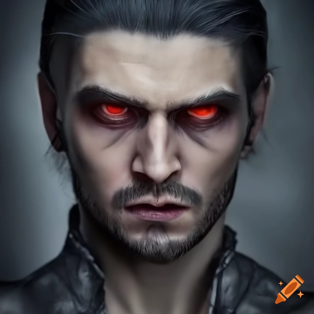 A mysterious vampyr man with an intense gaze,dark allure, long dark