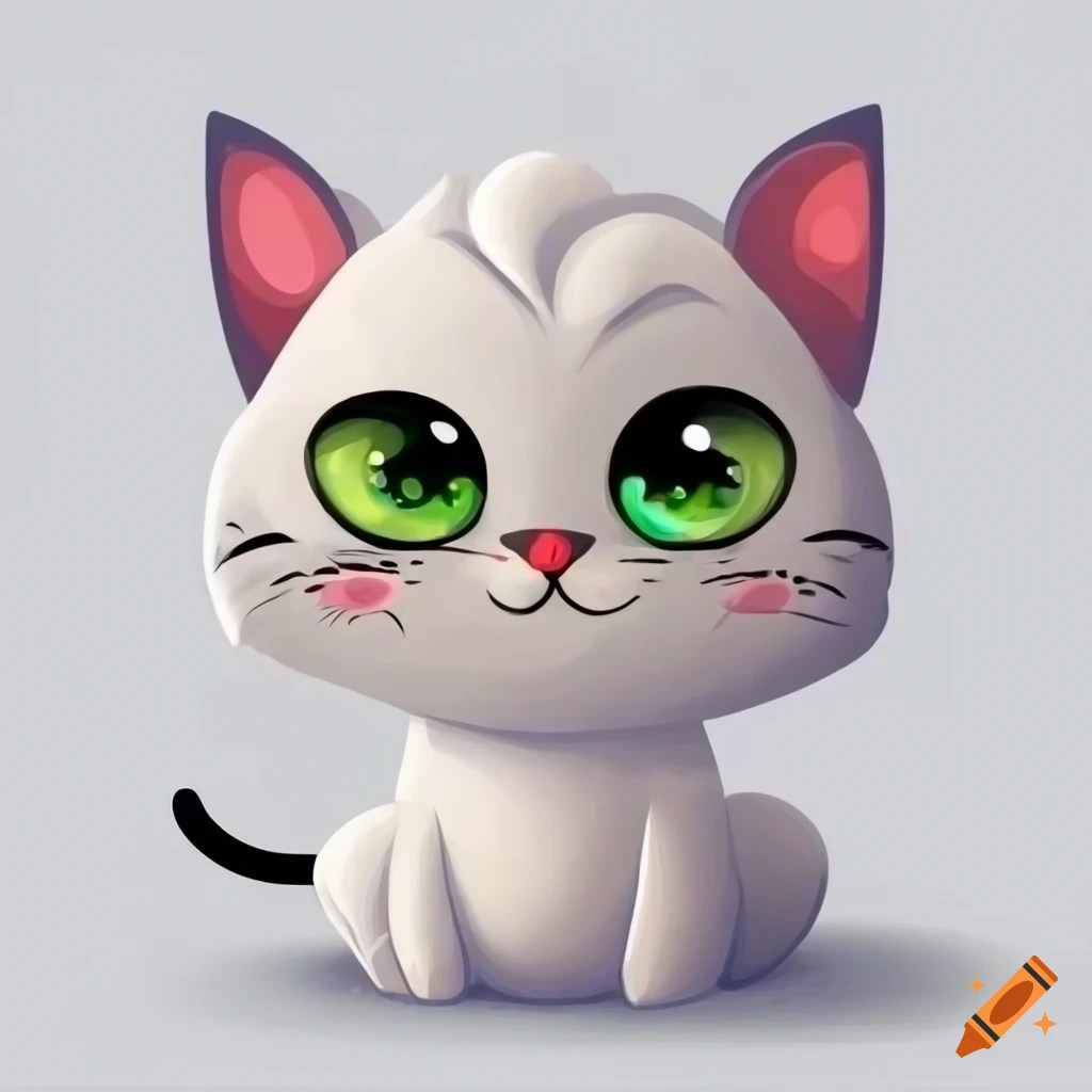 Cute white cartoon cat with expressive green eyes on white background