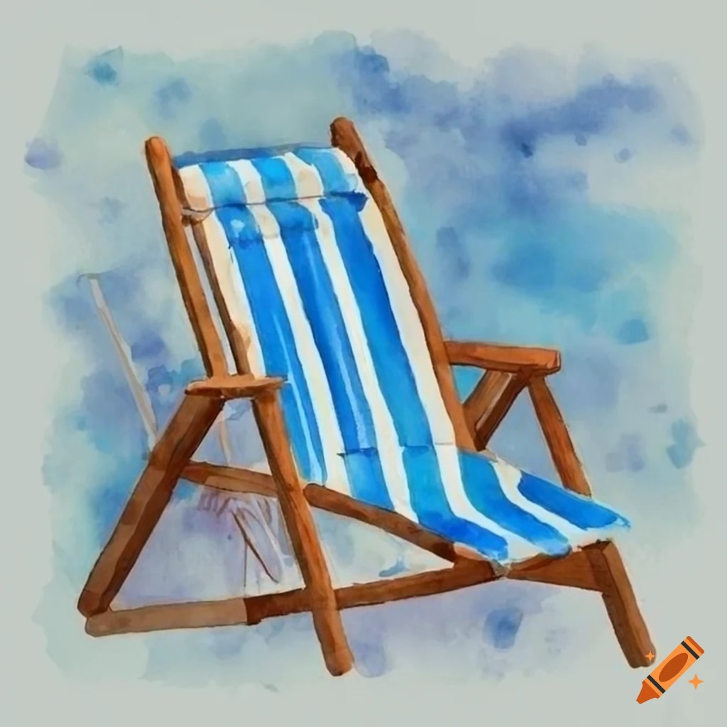 Watercolor illustration of blue and white beach chair with white