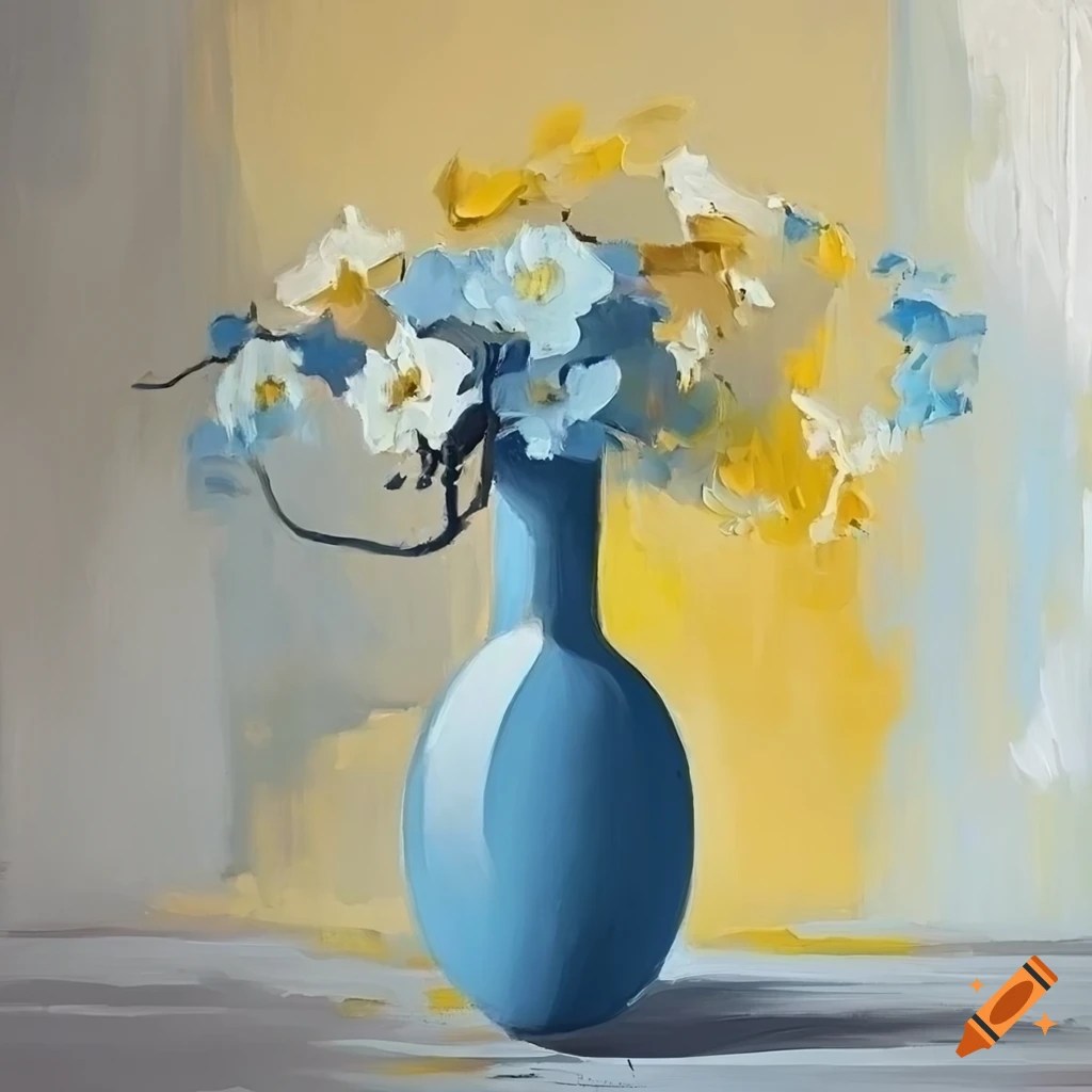 Minimalistic nordic oil painting of flower vase, represents calmness